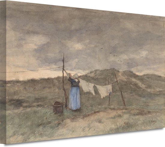 Vrouw bij een waslijn in de duinen - Anton Mauve schilderijen - Waslijn wanddecoratie - Schilderijen canvas Tafereel - Wanddecoratie landelijk - Schilderijen op canvas - Kunst aan de muur 150x100 cm