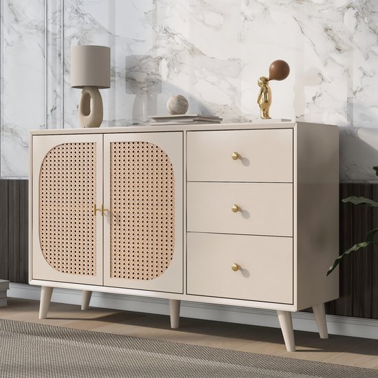 Sweiko Woonkamer ladekast, opbergkast, zijpaneel, TV tafel, met deuren en lades, met grote opbergruimte, beige, breedte 120 cm