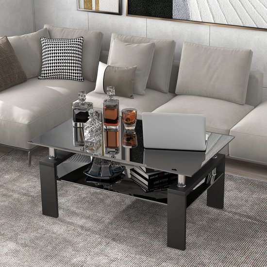 Sweiko Gehard glas salontafel, zwarte moderne rechthoekige theetafel met onderste plank en houten poten, zwart