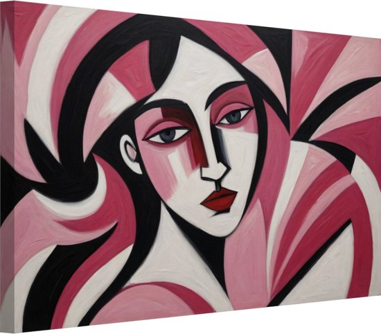 Portret vrouw met roze kleuren schilderijen - Kubisme wanddecoratie - Schilderij op canvas Moderne kunst - Muurdecoratie industrieel - Canvas schilderij woonkamer - Slaapkamer wanddecoratie 100x75 cm