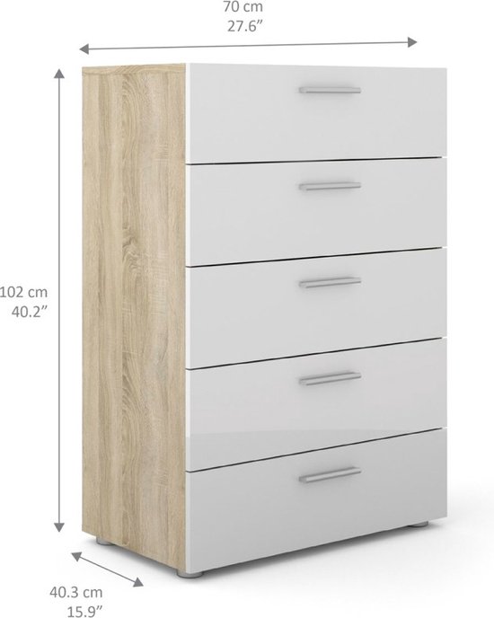 Petra kommode 5 lades eiken decor en wit hoogglans.