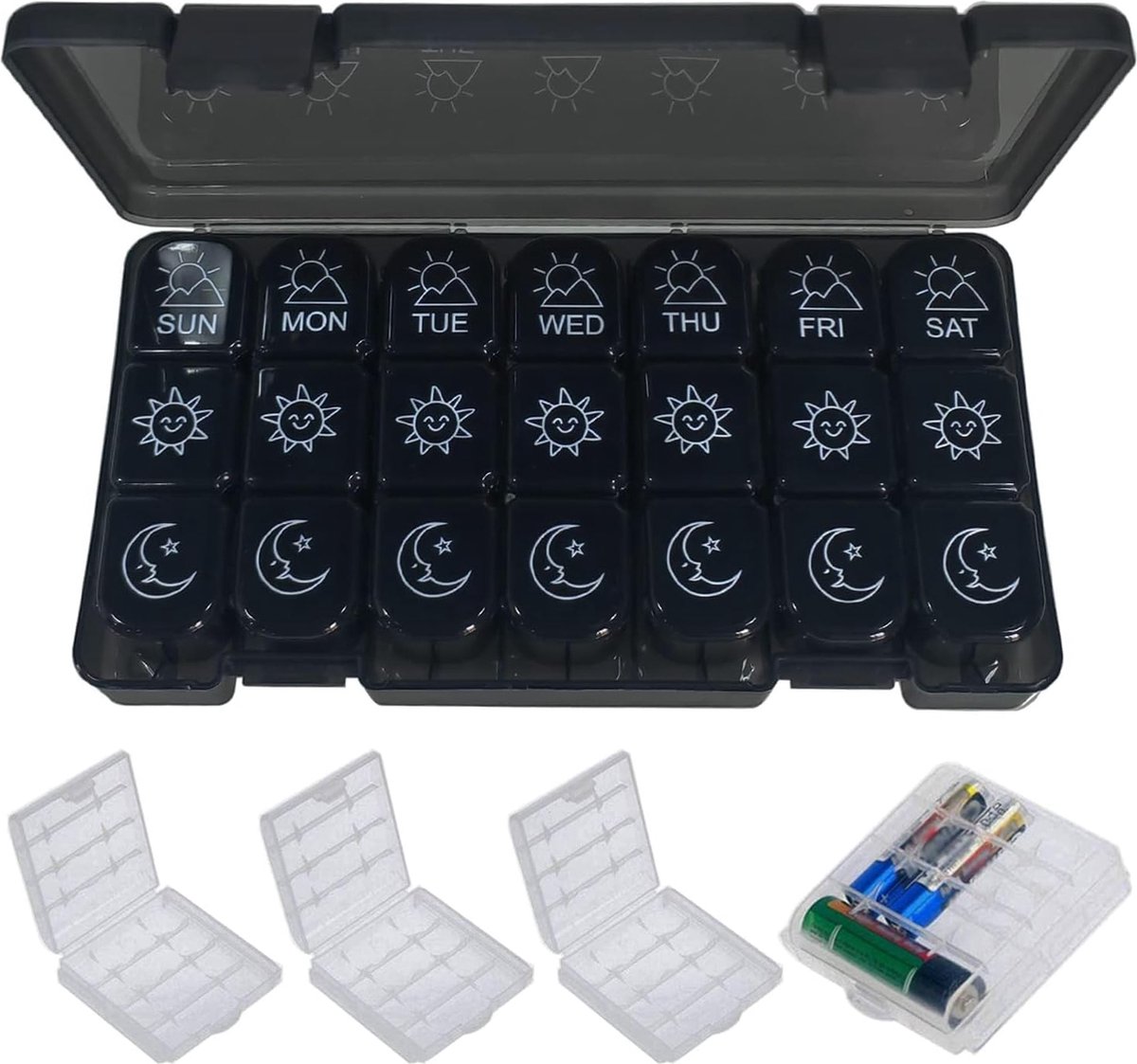 3-Vaks Tablettenbox 7 dagen 's ochtends 's middags 's avonds - Pillendoos 21 vakken zwart + batterij-opbergdoos