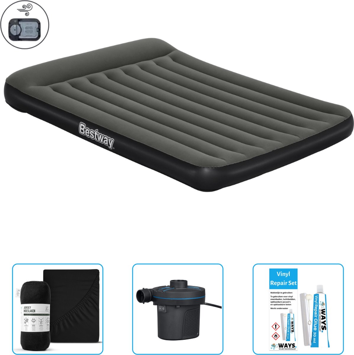 Bestway luchtbed - 2-Persoons - 152 x 203 x 30 cm - Groen - Inclusief pomp - Hoeslaken - Pomp en Reparatieset