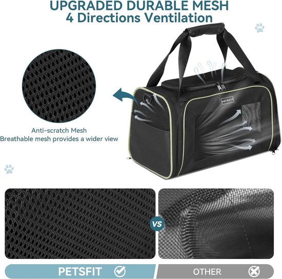 Petsfit Opvouwbare transporttas voor kat en hond, uitbreidbare kattentransportbox met schouderriem, hondendraagtas, vliegtas, Oxford- weefsel voor kat en hond, S/groen/dubbelzijdig