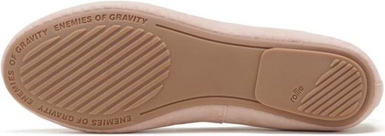 Semelle d'une ballerine rose avec le logo "rollie" et "ENEMIES OF GRAVITY".