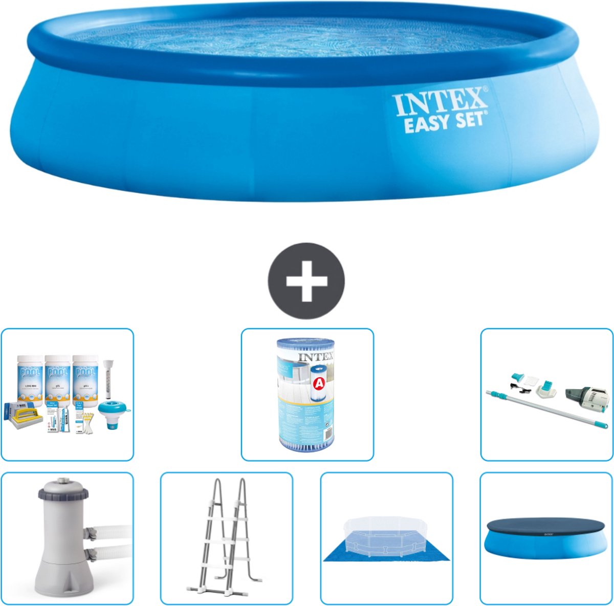 Intex Rond Opblaasbaar Easy Set Zwembad - 457 x 107 cm - Blauw - Inclusief Pomp - Ladder - Grondzeil - Afdekzeil Onderhoudspakket - Filter - Stofzuiger