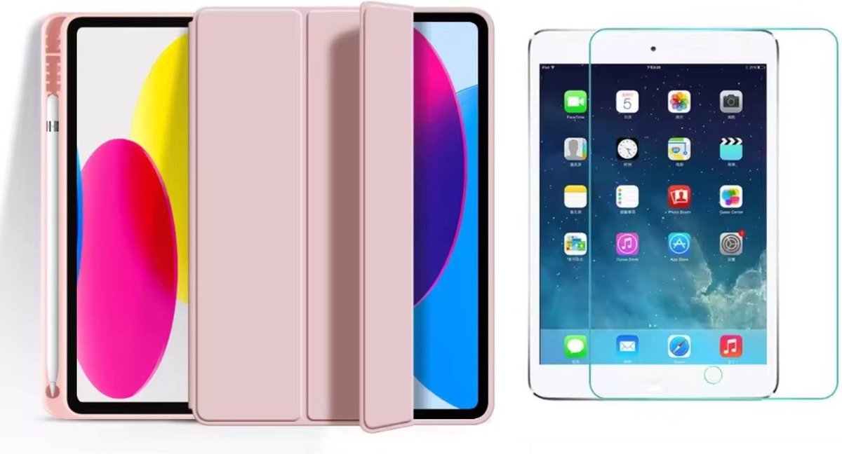 Techgrip - Tablet Hoes Geschikt voor iPad Air 3 Inclusief 9H HD Screenprotector Beschermglas - 10.5 inch Smart Cover Tablet hoes met Aan en Uit functie - Bookcase hoes met styluspen opbergvak Roze