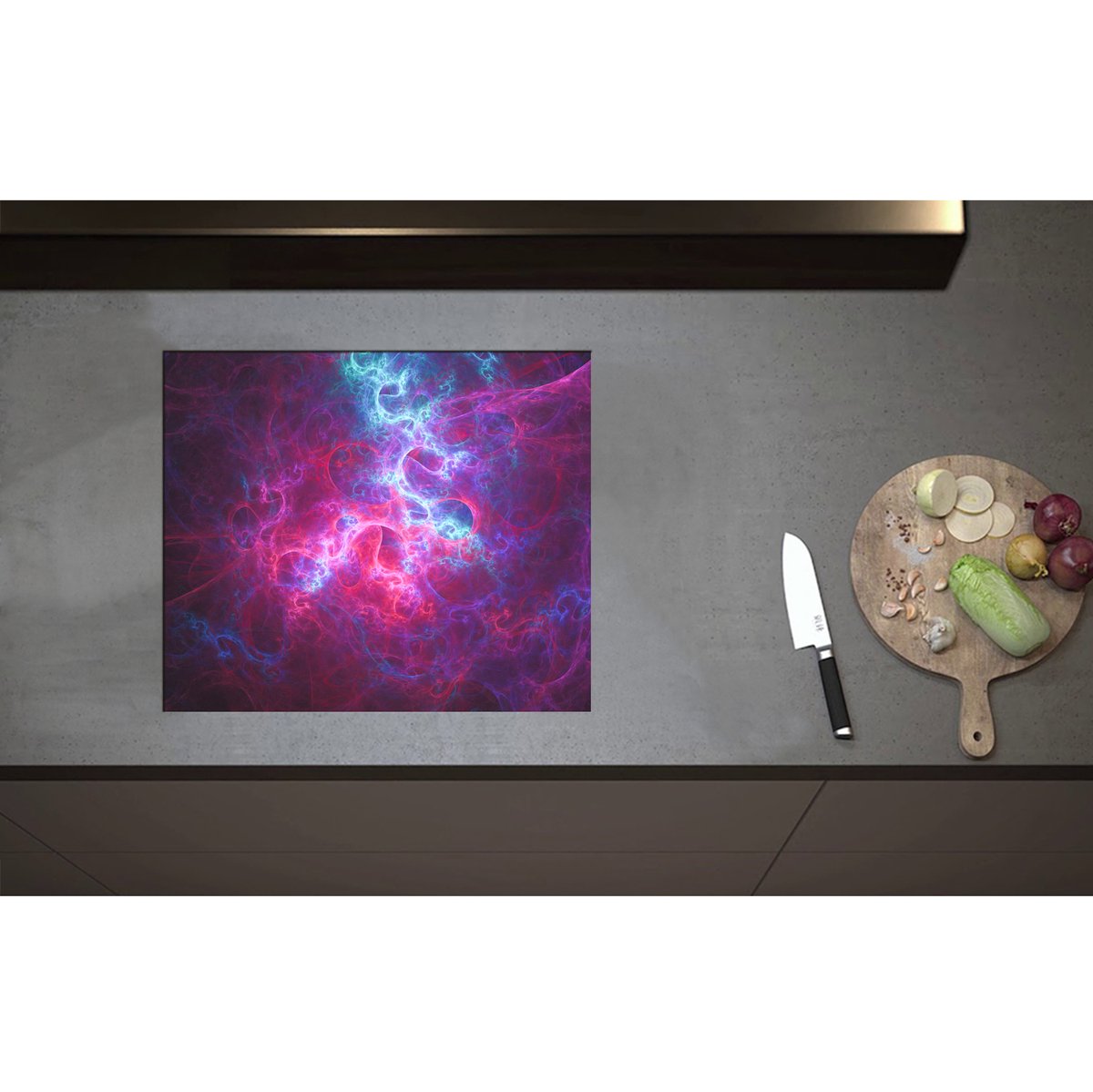 Inductieplaat Beschermer - Abstracte Vormen en Figuren in Paars met Blauwe Kleuren - 59x50 cm - 2 mm Dik - Inductie Beschermer - Bescherming Inductiekookplaat - Kookplaat Beschermer van Zwart Vinyl