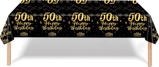 Tafelkleed 50 Jaar Verjaardag Versiering Tafelloper Plastic Tafelzeil Zwart Goud Feest Tafellaken Xl Formaat 137*274cm