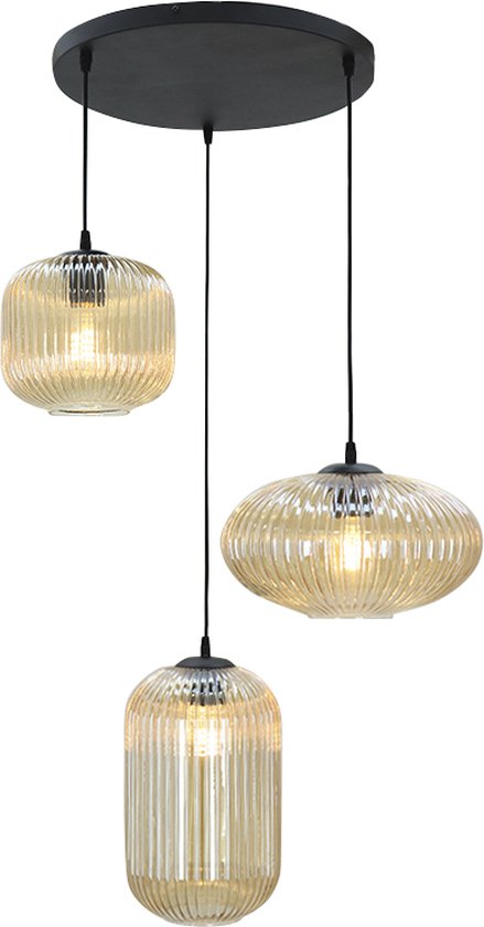 Olucia Charlois - Retro Hanglamp - 3L - Glas/Metaal - Amber;Zwart - Rond