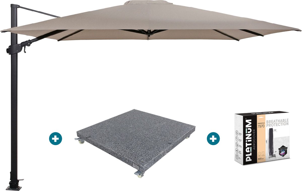 4-Seasons Outdoor 4-Seasons zweefparasol Siesta Premium 300 x 300 Taupe met voet en hoes
