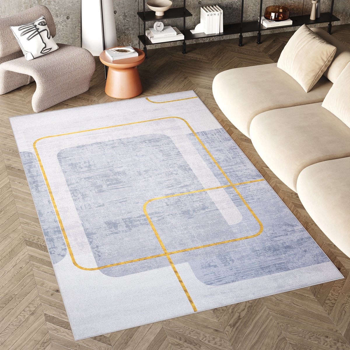 Tapiso Flannel Printed Vloerkleed Blauw Goudkleur Woonkamer Antislip Wasbaar Tapijt Maat-