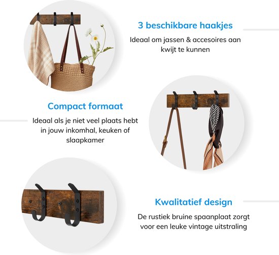 Porte-manteau mural ACAZA avec 3 Crochet - Porte-manteau mural compact en bois - Style industriel - Vintage marron et Zwart