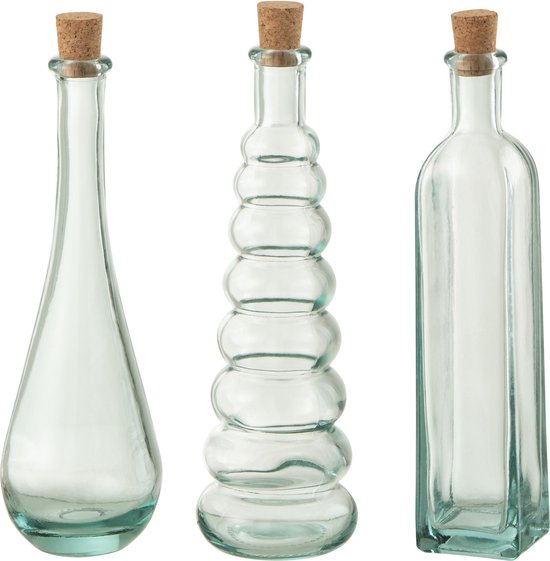 J-Line Werveling Rond Vierkant fles - kurk gerecycleerd - glas - large - 3 stuks - woonaccessoires