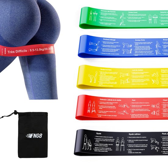 FNG8 Bande Élastique Musculation Lot De 5 – 5 Niveaux De Résistance, Latex Doux, Exercices Imprimés En Français – Sport, Rééducation, Crossfit Homme & Femme