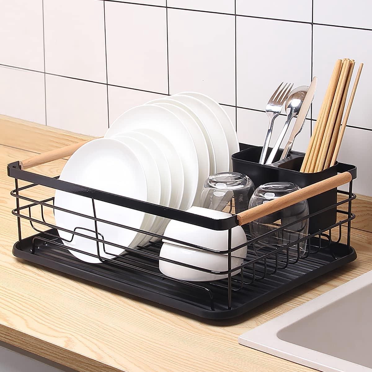 Afdruiprek afwasrek servies met bestekstandaard en lekbak 43 × 32 × 14 cm (zwart) Dish Drainer