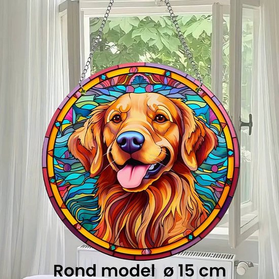 Raamhanger Raamdecoratie Golden Retriever 2 - Kleurige Zonnevanger Rond Acryl met Ketting - Honden - Suncatcher Rond model 15 cm %%