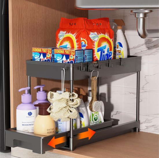 Étagère Télescopique Métal Sous évier - Organisateur De Lavabo Pour Cuisine, Salle De Bain, Bureau, Réglable En Largeur Et Hauteur