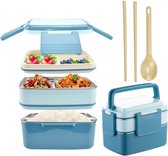 Bento Lunchbox, 1,9 L Lunchbox, 2 niveaus, Lekvrije Voedselbox met Compartimenten, 304 RVS PP Lunchboxen, Draagbare Lunchbox met Bestek, Blauwe Lunchbox voor Volwassenen, School,