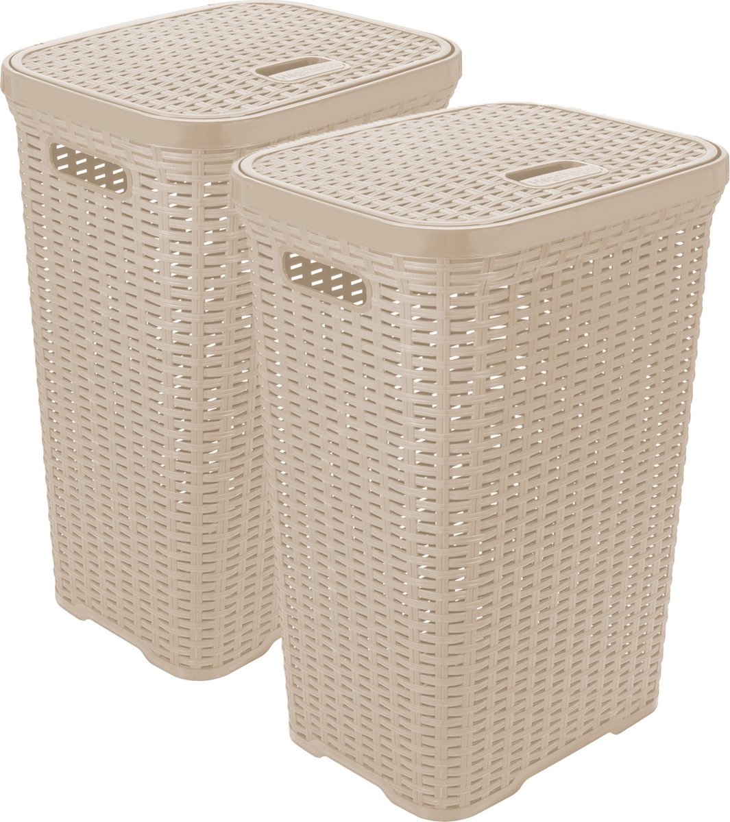 Goedkoopste Hega Hogar Wasmand met deksel Rotan - 2x - beige - gevlochten kunststof - 60 liter - 34 x 43 x 62 cm