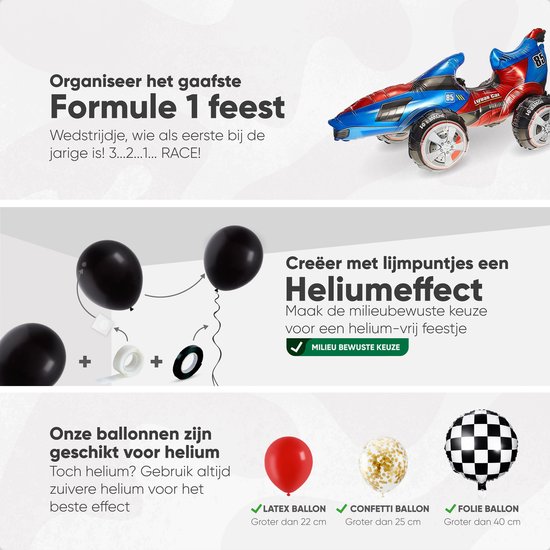 Raceauto folieballon, zwarte ballonnen en confetti ballonnen met tekst.