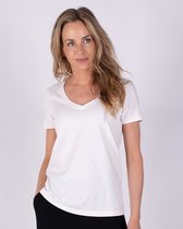 T-shirt femme blanc en coton flammé à manches courtes et col V profond - SEATTLE.