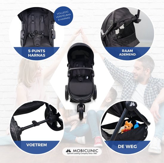 Mobiclinic Agnes - Kinderwagen met 3 wielen - Lichtgewicht - Buggy - Terreinwielen - 5-puntsgordel - Sport-Kinderwagen - Achterzak - Zwart van Mobiclinic — afbeelding 3