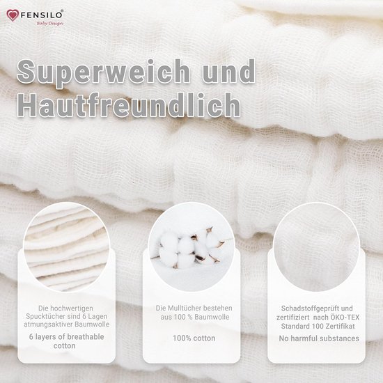 FENSILO - Hydrofiele Luiers - Hydrofiele Doeken - 100% Katoenen mousseline - 35 x 50 cm - 8 pack - Wit -Musseline doeken voor baby's, spuugdoeken voor baby's, 6 lagen, absorberende luiers, stoffen luiers