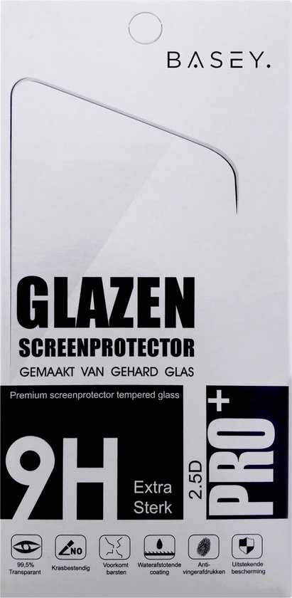 Emballage de protecteur d'écran BASEY. en verre trempé, 9H, 2.5D Pro+, extra résistant, 99,5% transparent, résistant aux rayures, évite les fissures.