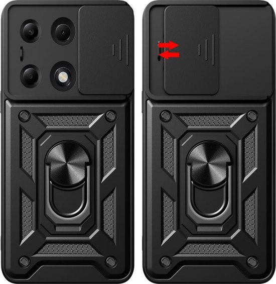 Zwarte telefoonhoes met camera-afdekking, ringhouder en een versterkt patroon.
