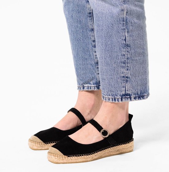 Manfield - Dames - Zwarte suède espadrilles met bandje - Maat 40