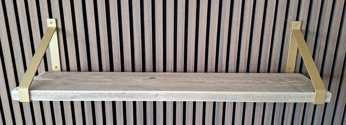 Hoexs - Steigerhout - 90 cm - Metalen Plankdragers Goud - Industrieel - Wandplank - Decoratie - Keukenplank