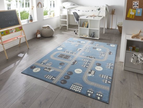 the carpet Happy Life - Kinderkamer, kindertapijt, speeltapijt, wasbaar, wegtapijt, wegen, jungle, dieren, auto, Grijs-jungle, 160 x 220 cm