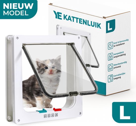 Wordcam Grote kattendeurklep, dikke kattendeur voor binnen- en buitendeuren, 4-weg vergrendeling, huisdierdeur voor binnen tot 9 kg, eenvoudige installatie, weerbestendig (wit
