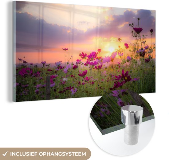 MuchoWow® Glasschilderij 80x40 cm - Schilderij acrylglas - Zonsondergang - Bloemen - Roze - Natuur - Groen - Foto op glas - Schilderijen