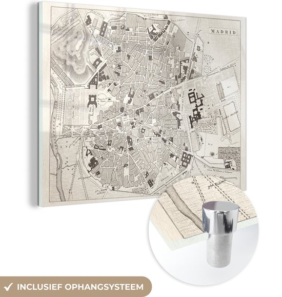 ® Glasschilderij 160x120 cm - Schilderij acrylglas - Antieke illustratie van een plattegrond van Madrid - Foto op glas - Muurdecoratie woonkamer - Wanddecoratie slaapkamer - Schilderijen