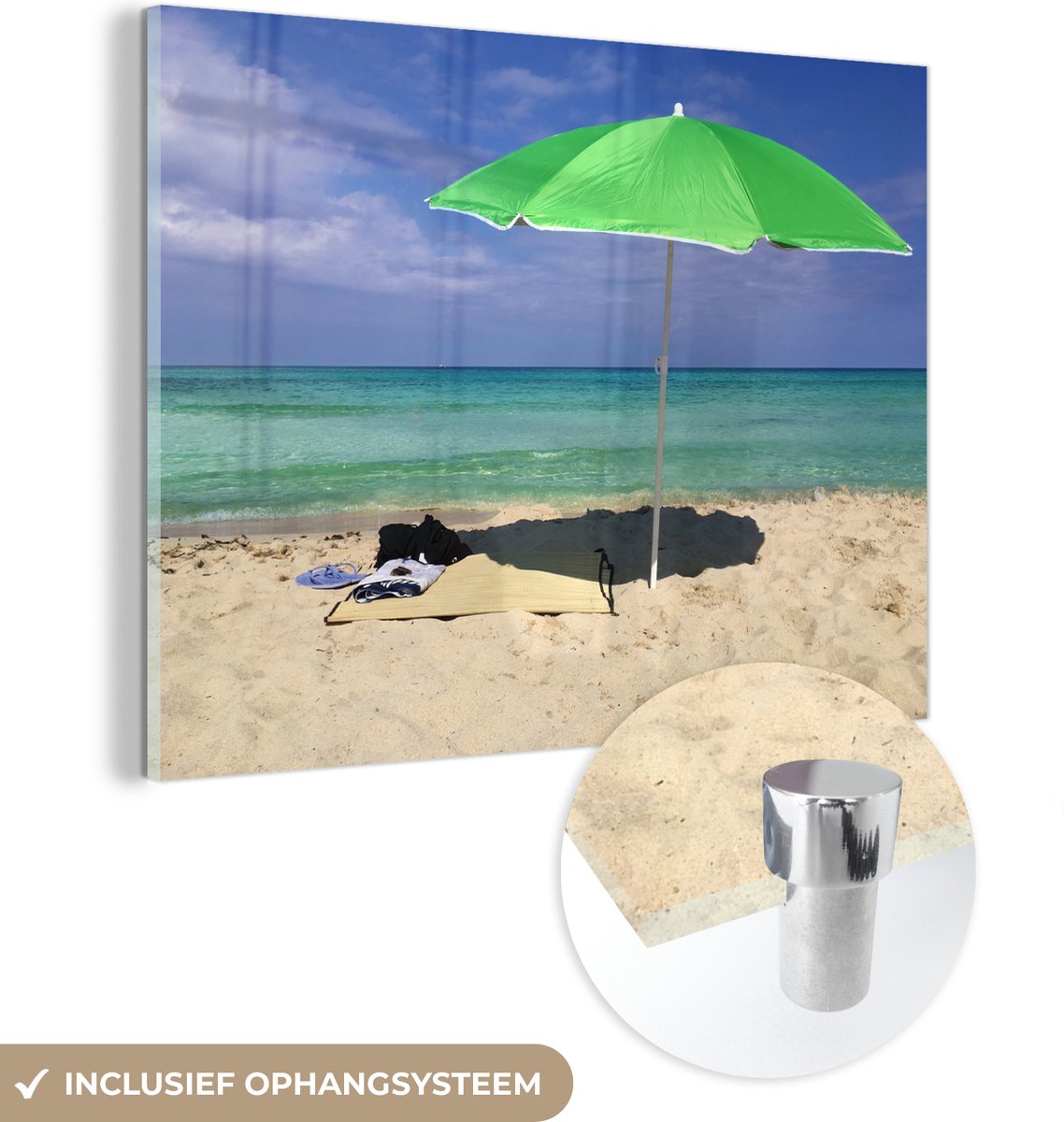 ® Glasschilderij 40x30 cm - Schilderij acrylglas - Parasol - Strand - Zand - Foto op glas - Muurdecoratie woonkamer - Wanddecoratie slaapkamer - Schilderijen