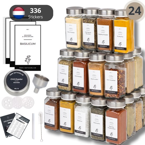 Foto: Organess 24 kruidenpotjes rvs 3 soorten strooideksels kruidenstrooier compleet pakket incl kruidenpotjes stickers krijtstift en accessoires 120ml