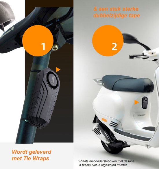Montage van zwart anti-diefstal alarm op een fietsstuur met tie wraps, en op een scooter met dubbelzijdige tape.