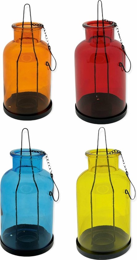 Deco Hanglantaarns glas met metalen ketting - 11 x 23 cm voor waxinelichtjes - Windlicht - Set van 4 Stuks