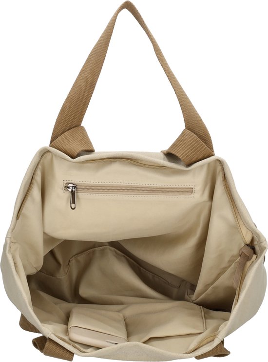 Open lichtbruine canvas shopper tas met bruine hengsels. Binnenvak met rits en open vakjes.