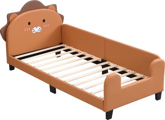 Lit enfant Lion 90*200cm - Lit simple avec sommier à lattes / Tête de lit forme lion - PU orange
