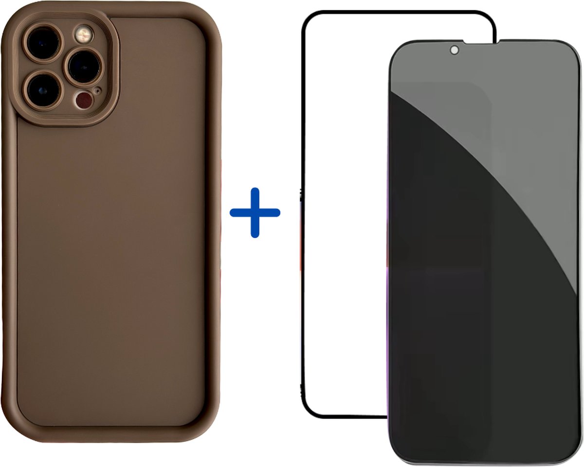 Optimity hoesje voor iPhone 14 PRO Bruin Siliconen Volledige Beschermende Achterkant + Privacy Anti-Spy Gehard Glas Schermbeschermer