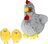 Pluche kip knuffel - 20 cm - grijs - met 2x gele kuikens 7 cm - kippen familie