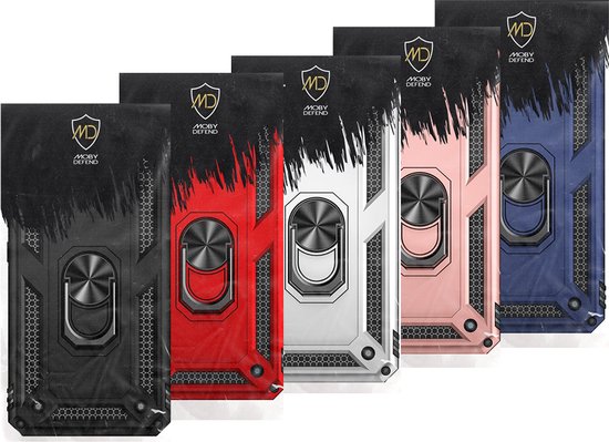 Rij van vijf pantser telefoonhoesjes: zwart, rood, wit, roze en blauw, elk met een ringhouder.