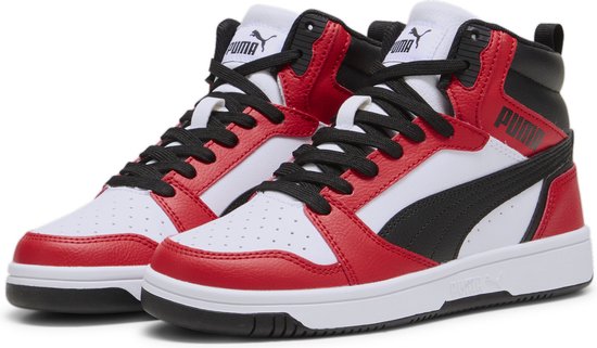 PUMA Rebound V6 Mid Jr Kinder Sneakers - Wit/Zwart/Rood - Maat 37