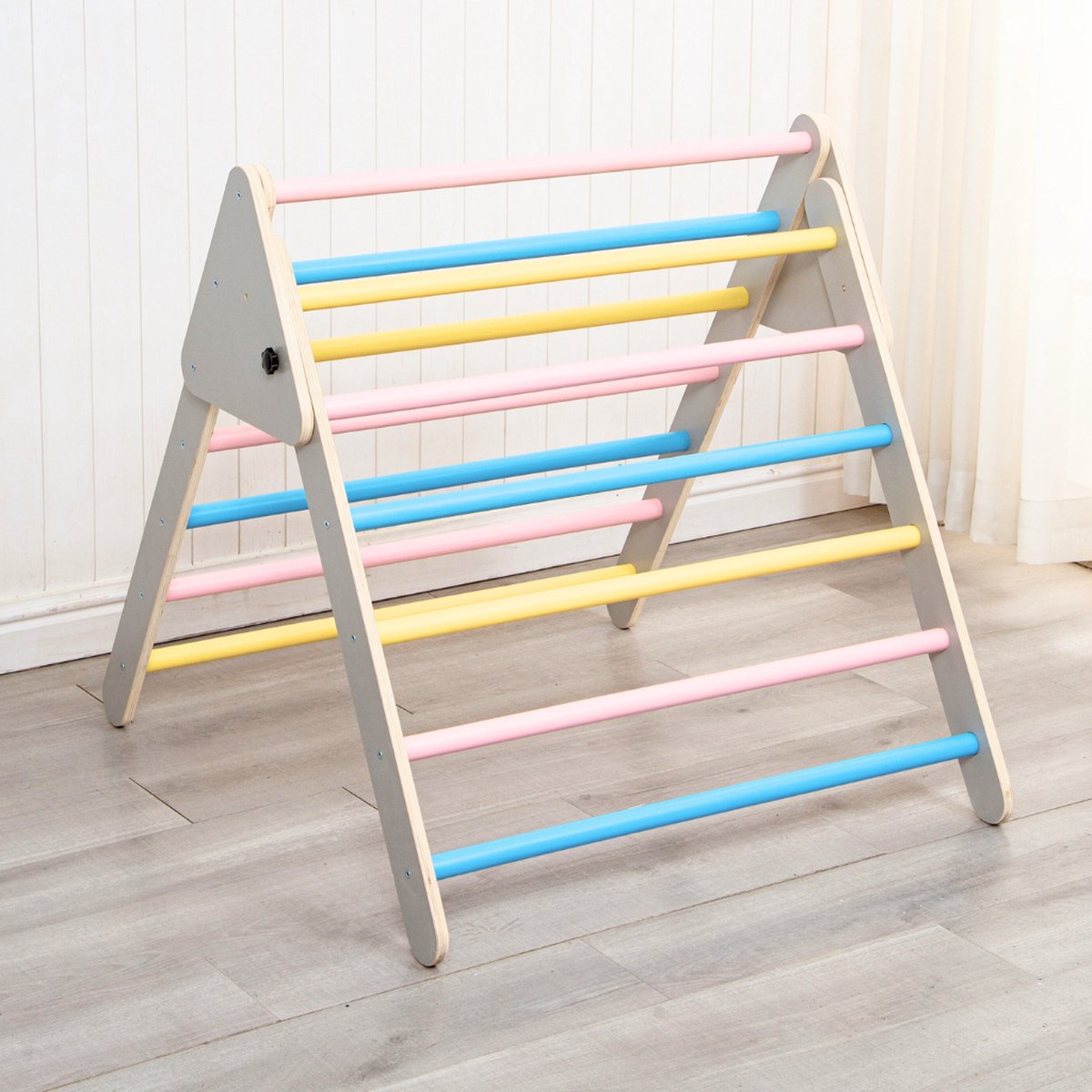 Buxibo XXL Klimrek - Opvouwbare Driehoek + Klimboog + Helling met Glijbaan - Montessori Meubels Houten Speelgym voor Binnen - Grijs - 210x83x81cm — afbeelding 2