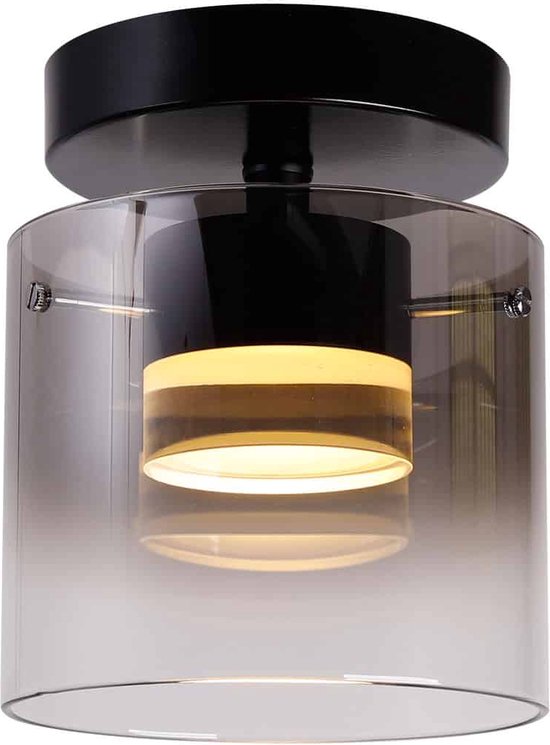 Moderne plafondlamp Salerno rond | 1 lichts | zwart / smoke / transparant | glas / metaal | Ø 14 cm | eetkamer / eettafel / woonkamer / slaapkamer lamp | modern / sfeervol design