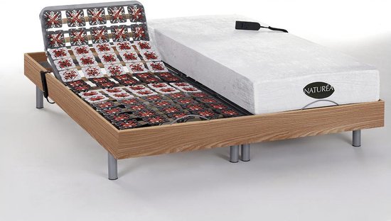 NATUREA Elektrisch bed – bedbodem en matras – contactplaatjes vormgeheugen en bamboe LYSIS III van NATUREA - OKIN motoren - 2 x 80 x 200 cm - eikenhout L 200 cm x H 35 cm x D 160 cm
