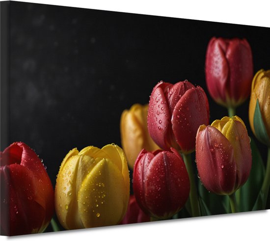 Tulpen schilderij - Bloemen schilderijen - Schilderij op canvas Waterdruppels - Landelijk schilderij - Canvas schilderij woonkamer - Kunst 150x100 cm